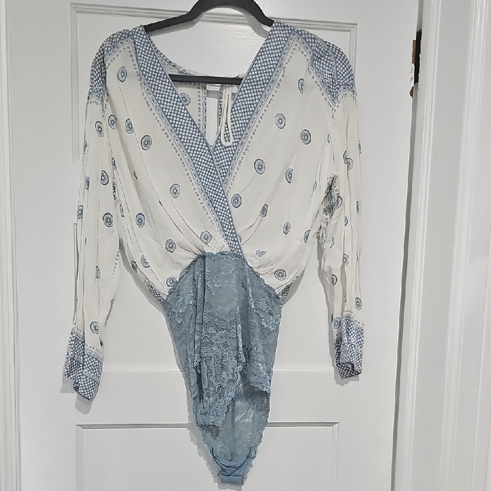 Free People Blue and White Wrap Tie Front Bodysuit